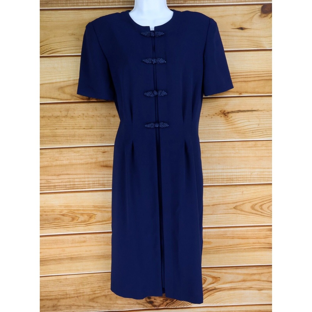 Debra Michaels Midi Pencil Dress Womens Size 10 Dark Blue Shoulder Pads Business